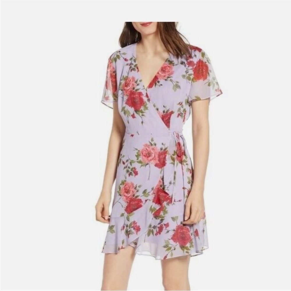 All in Favor Lavender Floral Wrap Mini Dress